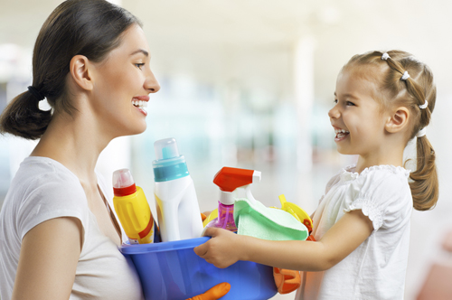mom and daughter cleaning