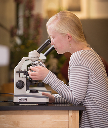 Waldorf School OC student using microscope