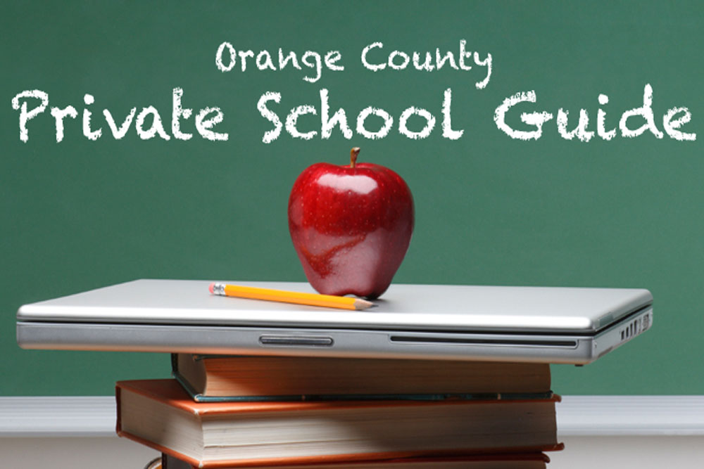 "Private School Guide" An apple and pencil stacked on top a computer and books