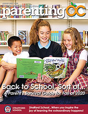 Parenting OC's August 2020 cover, sponsored by Stratford Schools