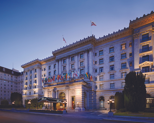 Entrance of the Fairmont Hotel, flags adorned everywhere