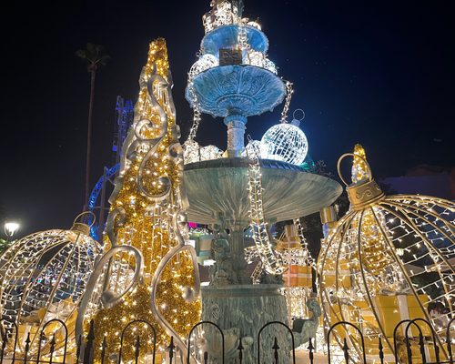 A Christmas tree and fountain light exhibit at Disneyland.