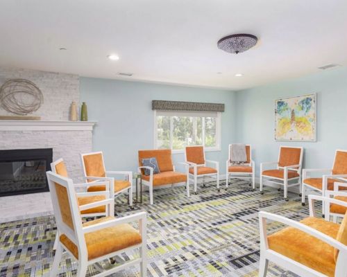 Clementine of Orange County group session room with orange chairs, fireplace, butterfly painting, and window 
