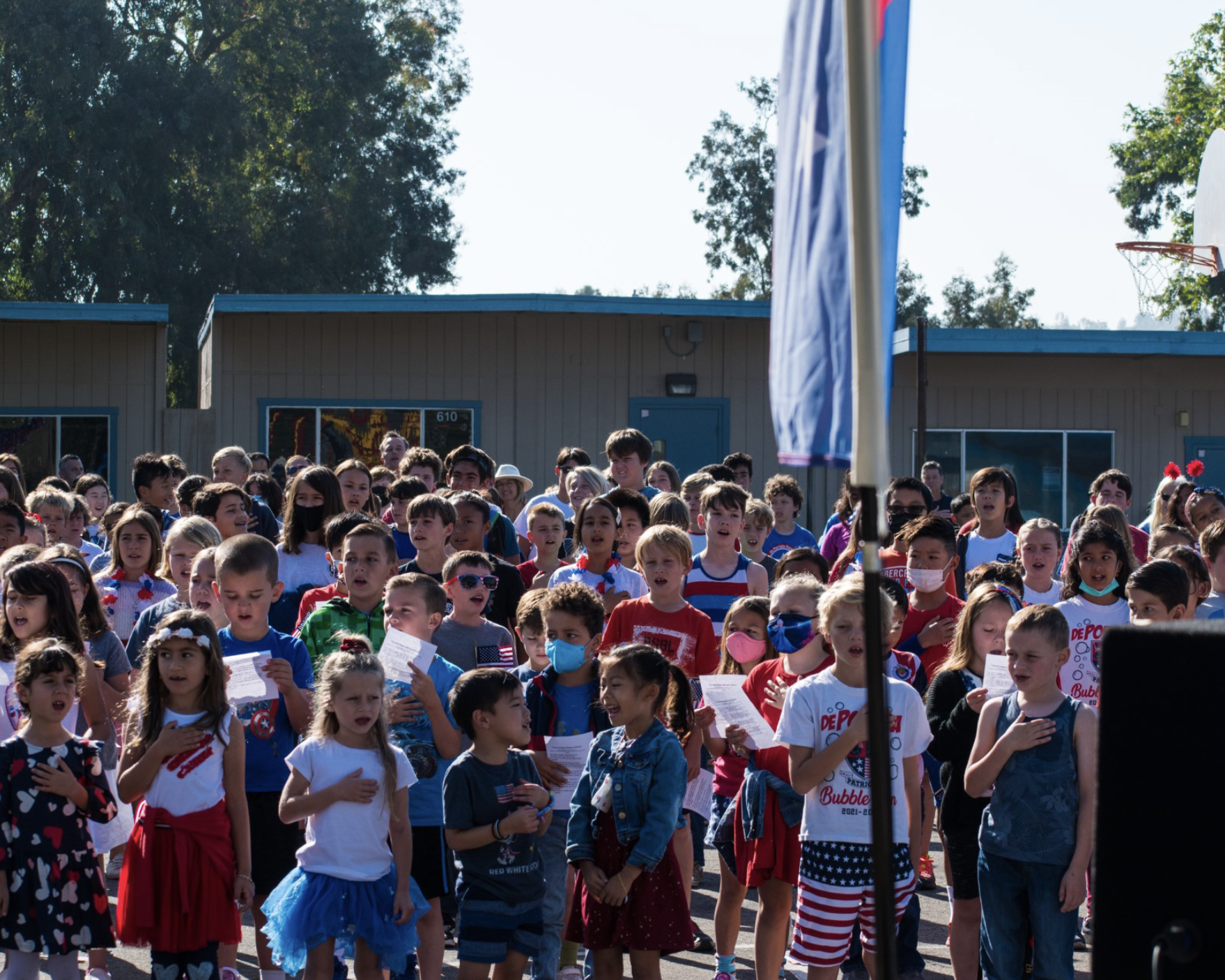 Students gathered around doing the pledge of allegiance at De Portola Elementary School Best Public Elementary School De Portola Elementary School Best Public Elementary School