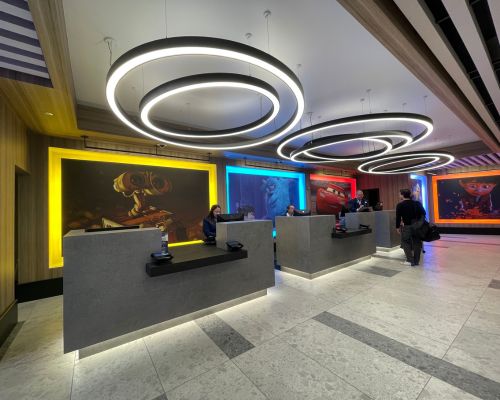 Front desk at Pixar Haven Hotel lobby