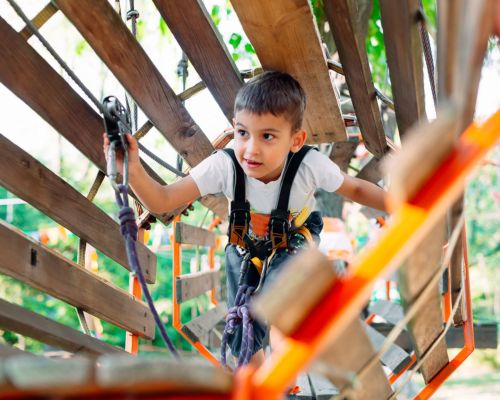 little boy climbing with a harness