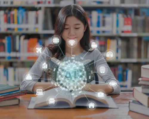 Girl in Library reading about AI