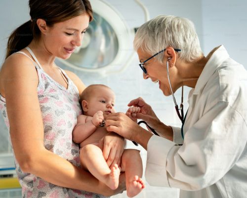 Mom and her baby at a doctors visit