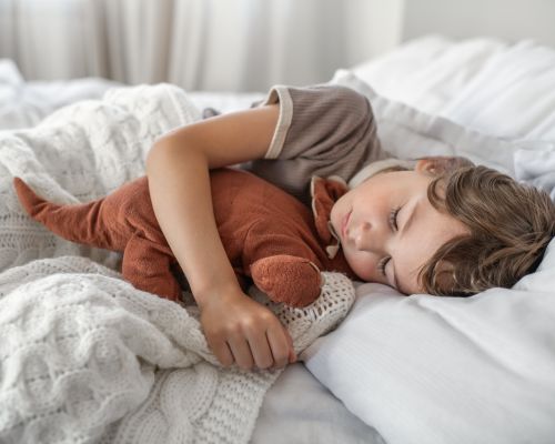 little boy sleeping soundly with stuffed dinosaur